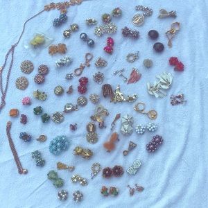 Assorted pins, clip on earrings, necklace,